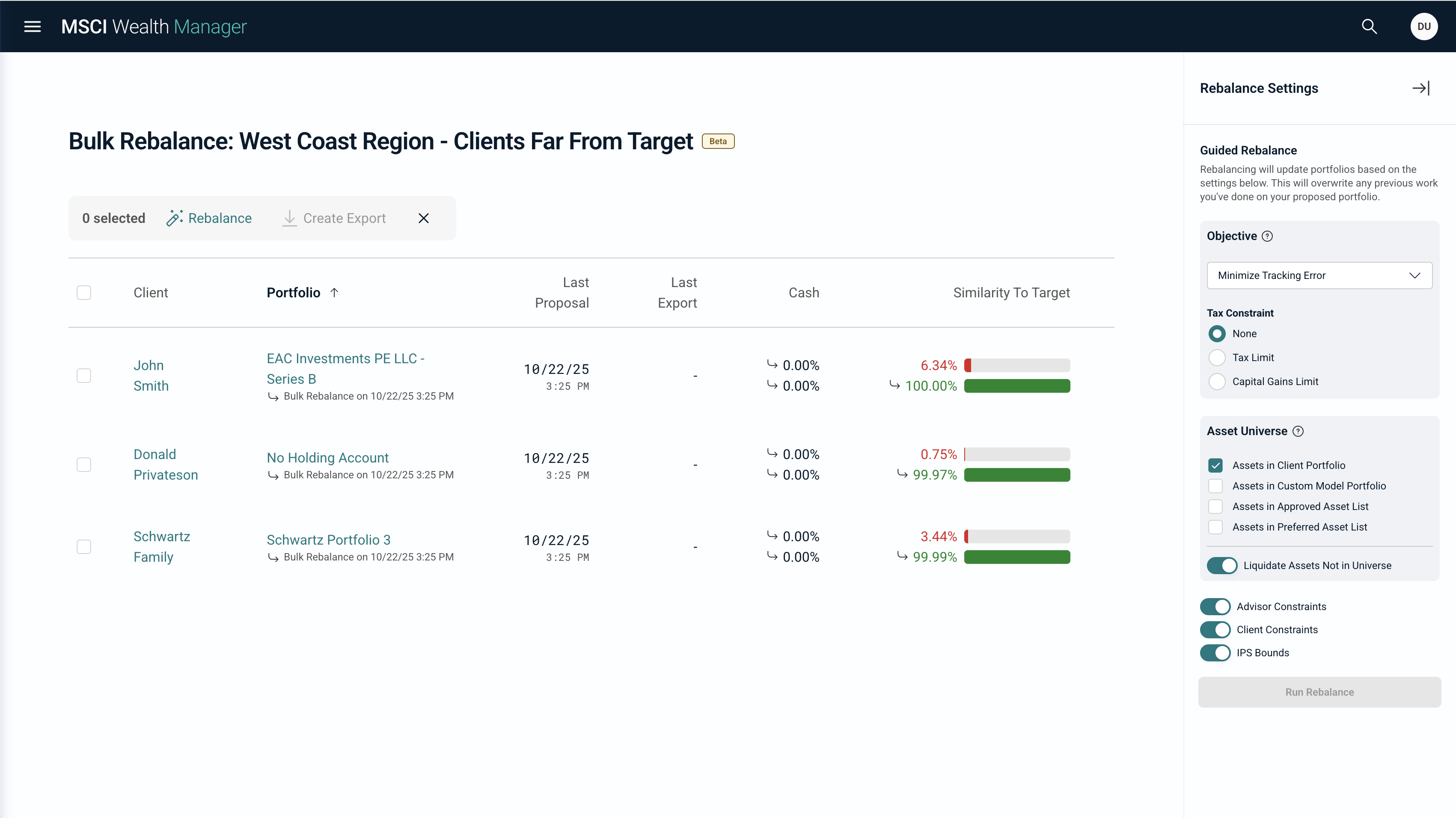 MSCI Wealth Manager bulk rebalancing interface