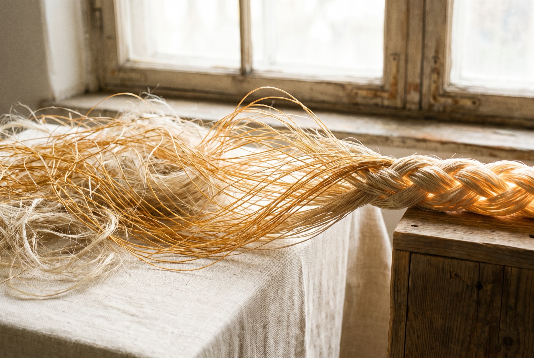 Loose golden flax fibers scattered on warm linen gathering into one tight braid by a window