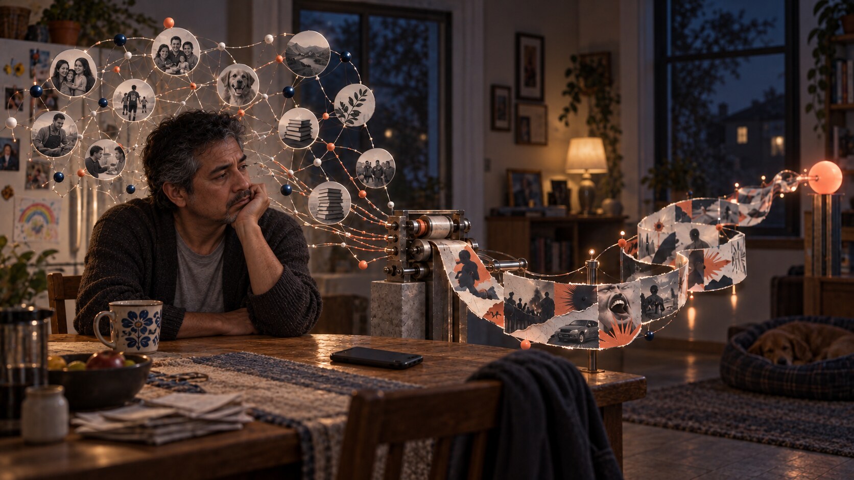 A man sets down his phone while a personalized-feed machine turns the constellation of his life into an endless ribbon optimized for attention.